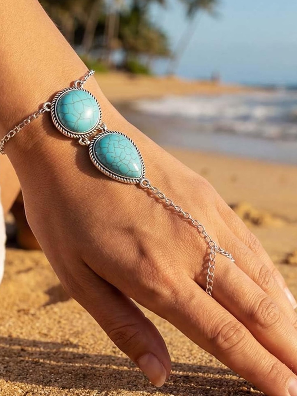 Anthropologie Turquoise and Silver color Hand Chain & Ring Set - Picture 5 of 6